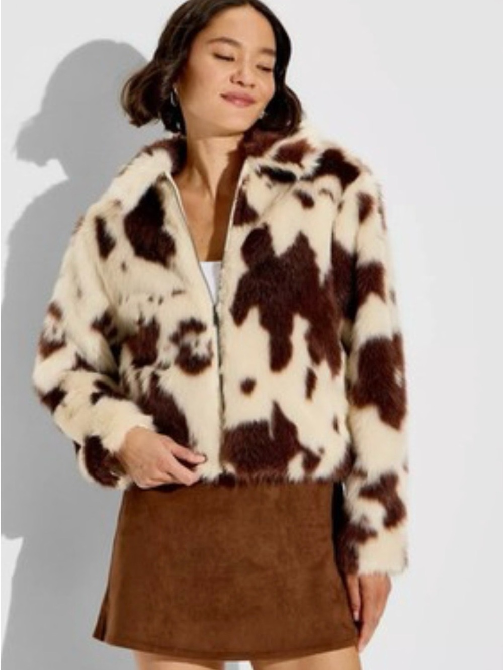 Faux Fur Cow-Print Jacket in Cream and Brown Cow Print by Wild Fable 🎯 size Xs